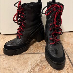 Gianna Bini throwback heeled combat boots, size 8, Black and Red Women's Boots